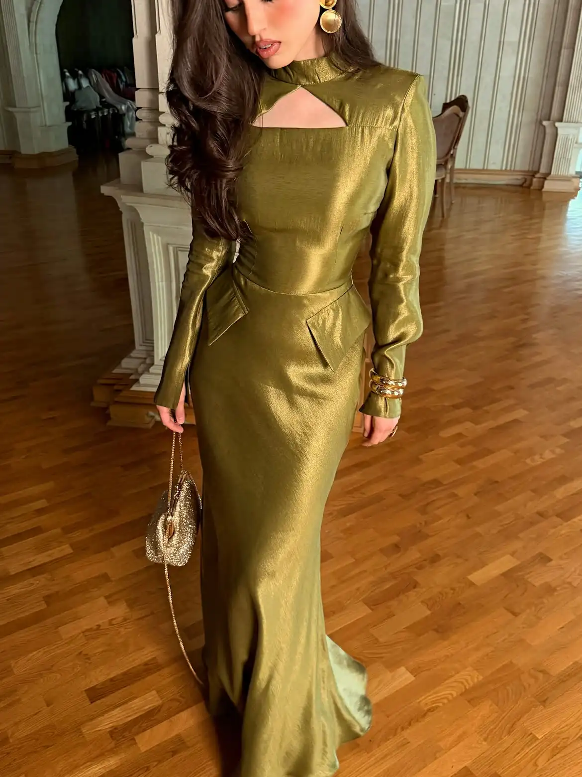 Olive Green Evening Maxi Gown Stand High Collar With Front Keyhole Hollow Cutout Long Sleeve With Cuff Detail Fitted Waist Hip W