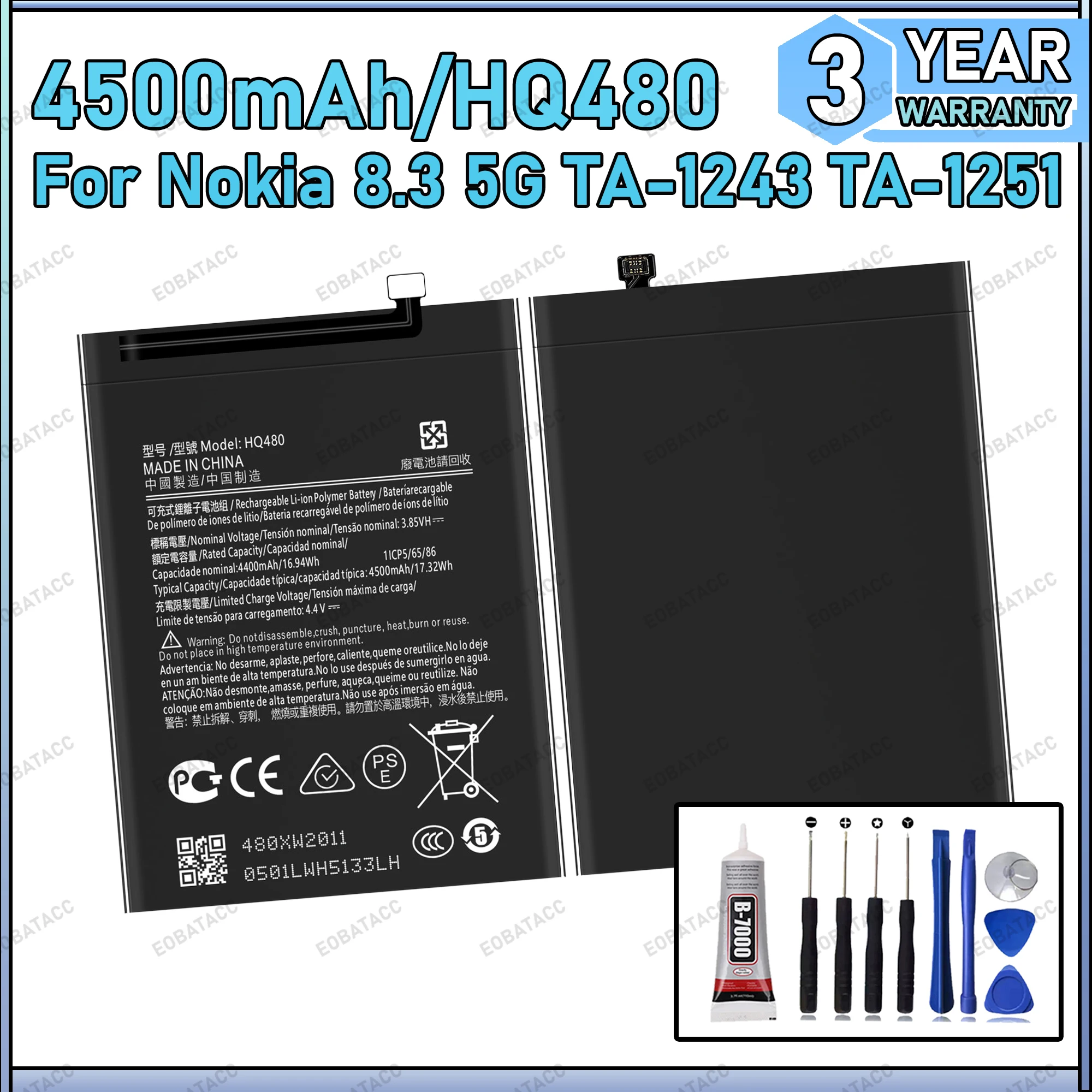 

100% New Zero Cycle HQ480 Battery For NOKIA 8.3 5G/TA-1243/TA-1251 phone Replacement Batteries Bateria +Tools