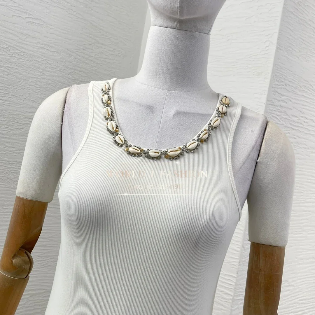 

Pure Linen White/Black Sleeveless Diamonds U Neck Vest Tops 2025 Spring