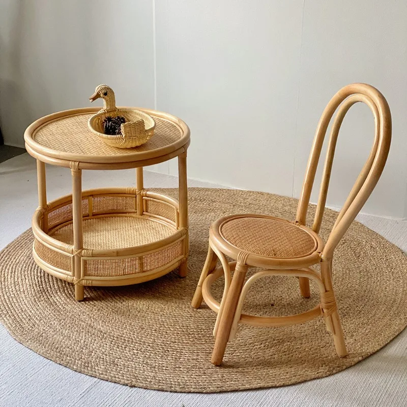 Natural Woven Rattan Coffee Table Minimalist Side Table for Small Spaces 2 Layers Round Sofa End Tables Living Room Center Desk