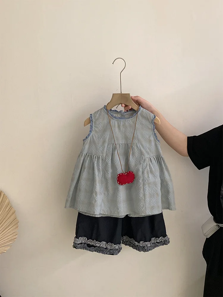 

Children's Clothing Girls2025Summer New Stylish Plaid Shirt Dress with Ruffled Lantern Pants Trendy Two-Piece Set