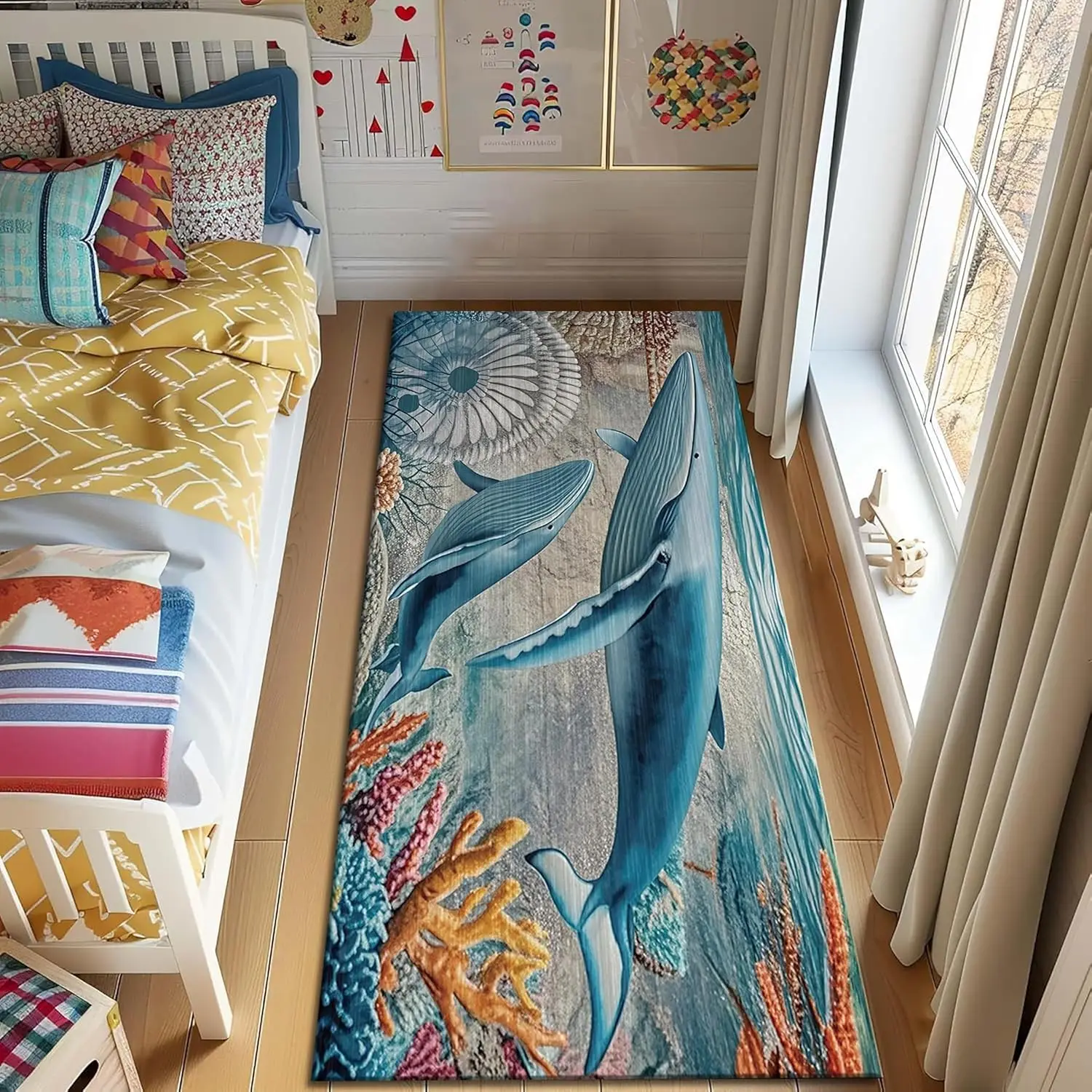 3D Ocean Animal Pattern Long Washable Rugs,Coastal Cartoon Double-Headed Whales Carpet Runners,Non Slip Ocean Animal Theme
