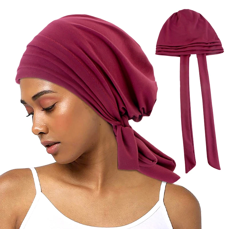 

New Women Solid Color Pre-tied turban Cotton Hijab Pleated Head Wraps Elastic Beanies Hats Elastic Long Tail Headscarf Chemo Cap