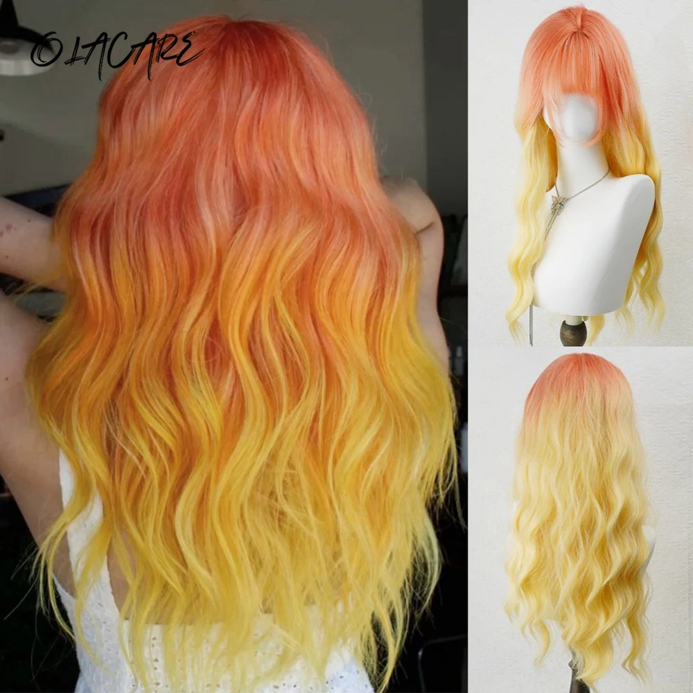 OLACARE Synthetic Orange Yellow Ombre Wavy Wigs for Women With Bangs Long Natural Wig Daily Cosplay Heat Resistant Halloween