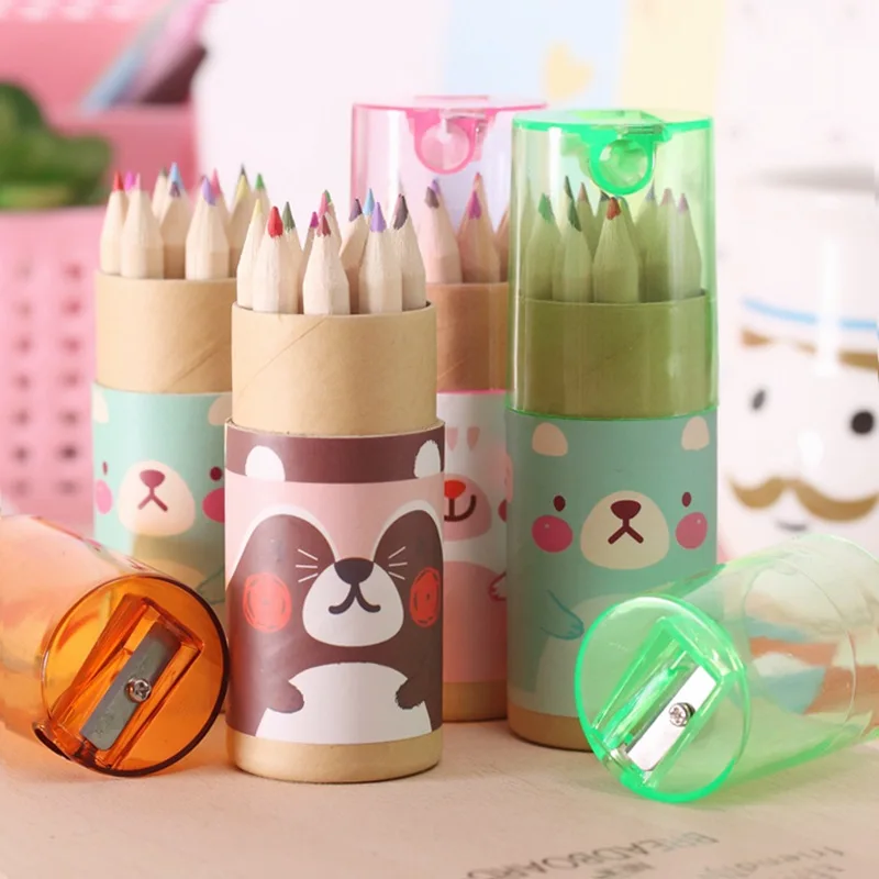 Mini lápiz de colores con sacapuntas para niños, papelería Kawaii, dibujo de pintura, lindo, 12 piezas por juego