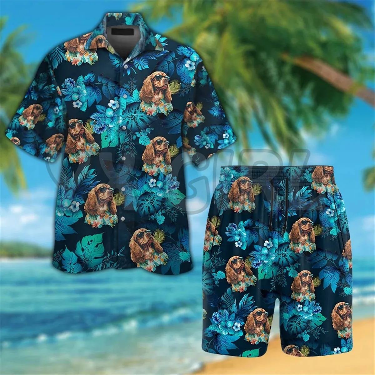 Bulldog Wearing Sunglass Funny Hawaiian Shirt 3D Printed Hawaiian Shirt+Beach Shorts Summer Tops