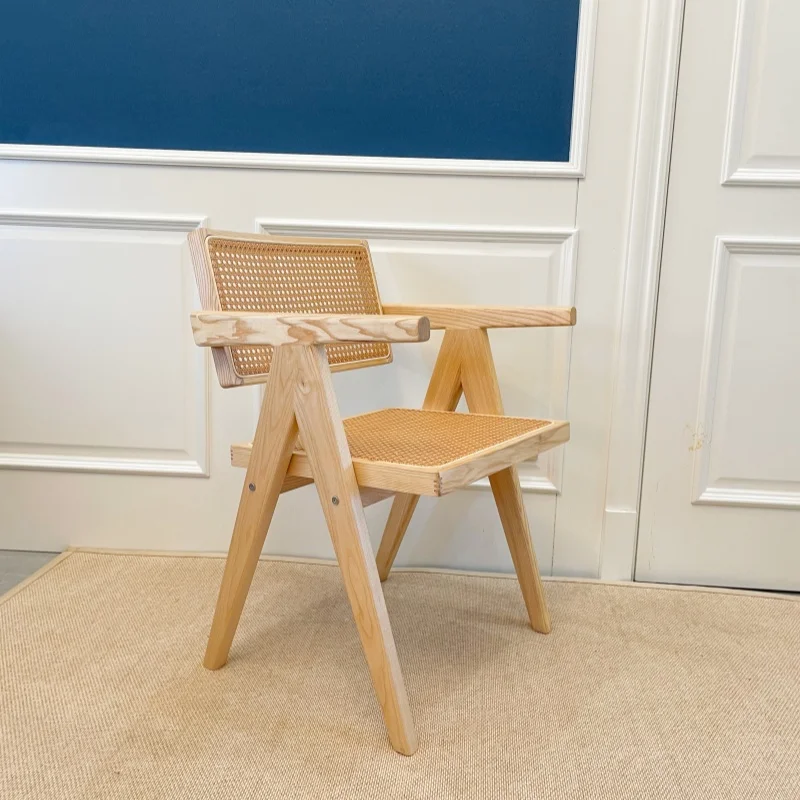 Modern Scandinavian Dining Chair Armchair - Solid Oak Wood Frame & Hand-Woven Cane Seat/Back - Ergonomic Support for Kitchen