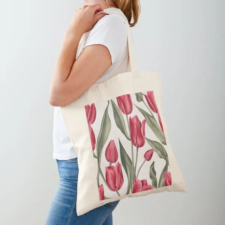 

Pink tulips and leaves pattern,vintage botanicals Tote Bag supermarket folding bag Big bag women sac pour femme