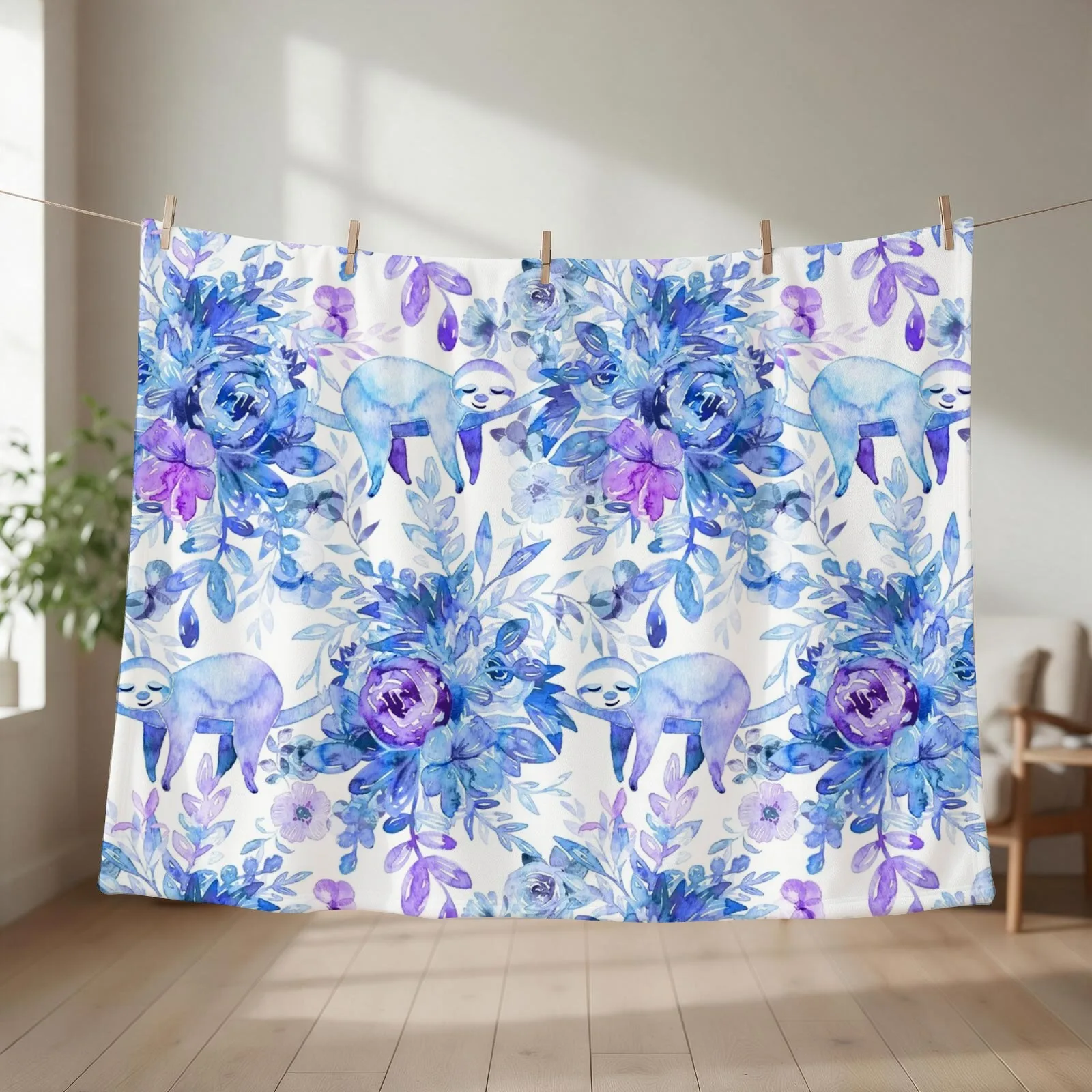 Sleepy Sloths in Purple Plants Throw Blanket couch cozy soft plush fuzzy picnic outdoor blanket