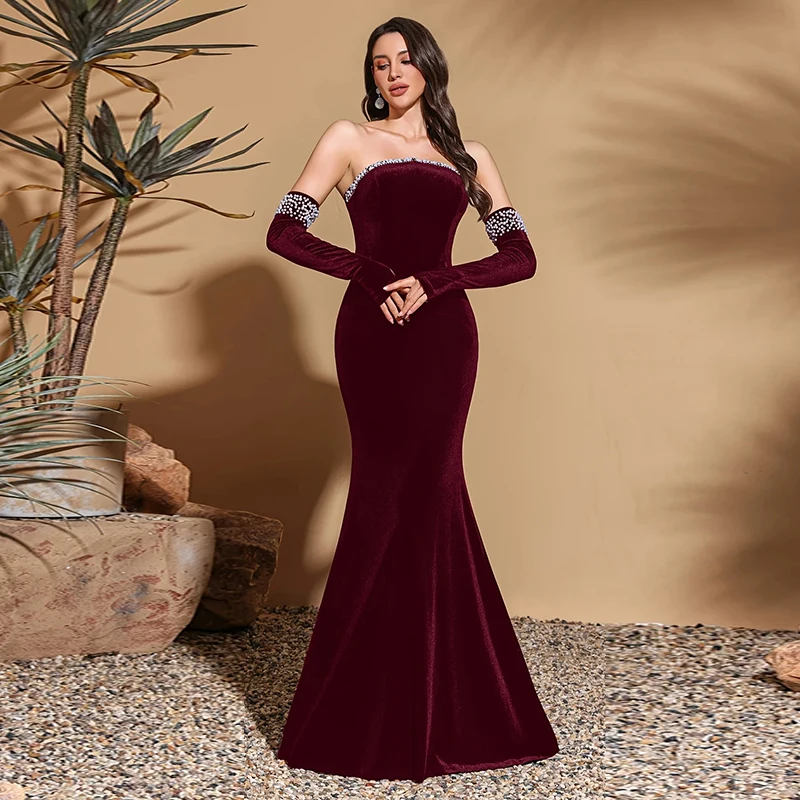 

Women's Burgundy Strapless Mermaid Evening Dress Floor-Length Skirt Vintage and Glamorous Prom Dress for Wedding and Dinner