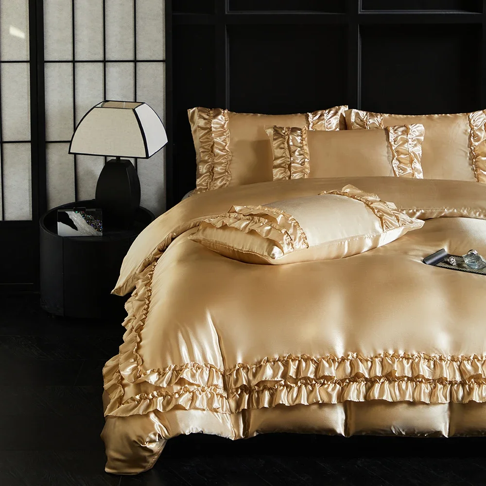 Luxury Satin Double-layered Ruffles Bedding Set Queen Soft Smooth Duvet Cover and Pillowcase Silky Single Double Comforter Cover