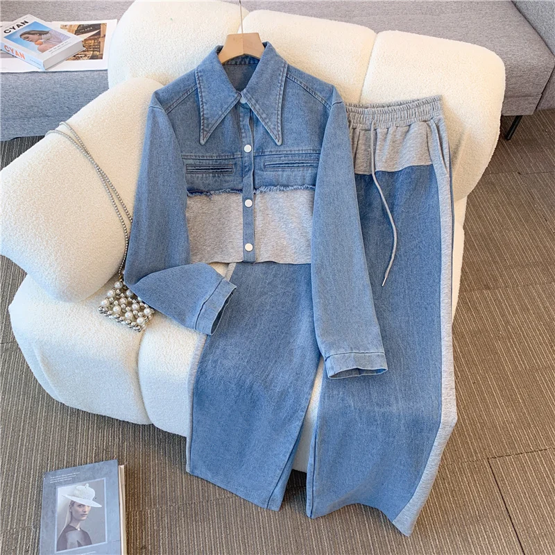 2024 Vintage Women Patchwork Denim Jacket Pant Sets Long Sleeve Cropped Coat+High Waist Wide Leg Pants Streetwear Suit