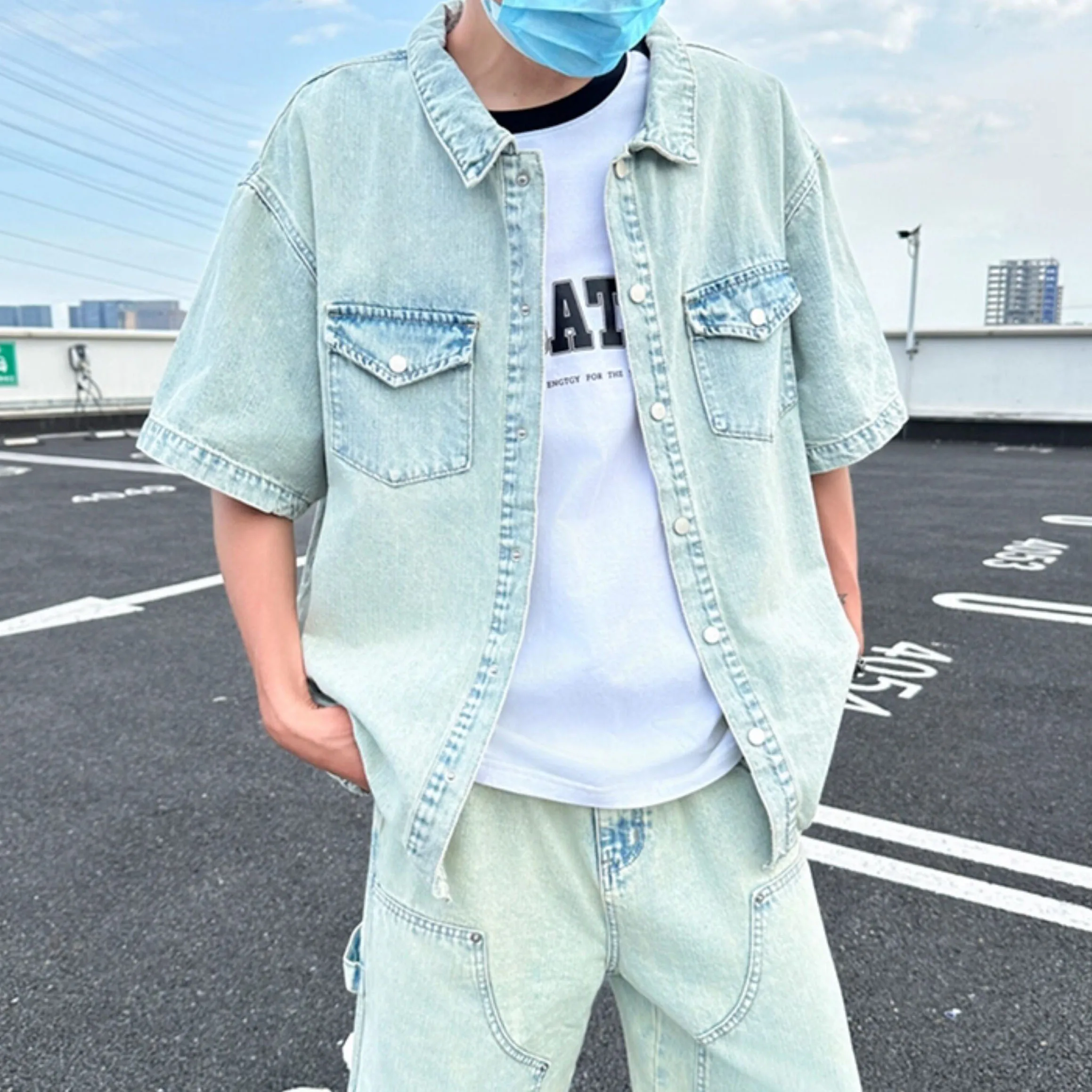 Summer Men's Blue Denim Set American Casual Fashion Safari Style Lapel Short Sleeved Shirt Splicing Shorts 2 Pieces Sets - view 4