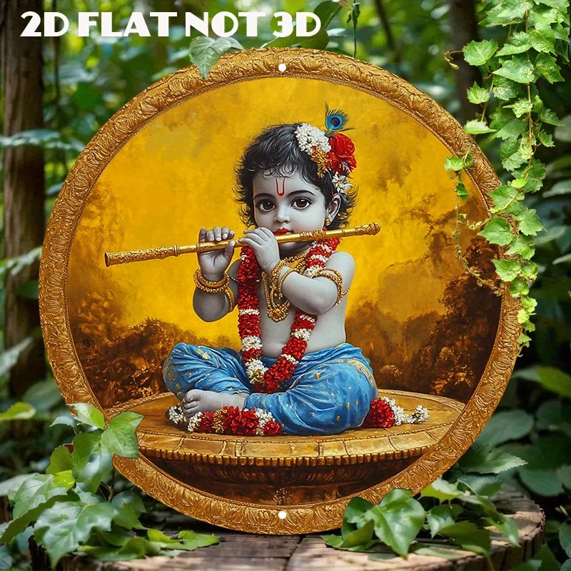 

2D Flat Round Aluminum Metal Sign Wall Art - Cute Baby Krishna Playing Flute, Festive Home Decor, Krishna Home Decor