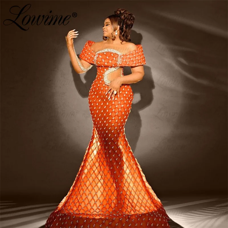 

Orange Luxury Celebrity Dresses Off The Shoulder Mermaid Plus Size Prom Dress 2024 Crystal Party Dress Second Reception Gowns