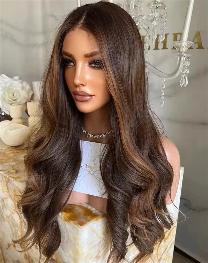 Long Wavy HD Lace Front Wigs Caramel Brown Highlights Cheap Synthetic Wig Futura Glueless Party Cosplay Wig for Women Daily Wear