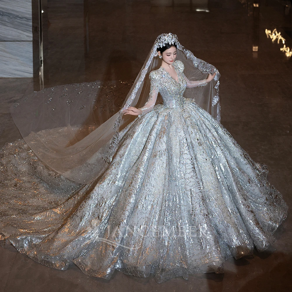 Luxurious Long Sleeves Wedding Dress Classic Sparkly Crystals Customized Bridal Dresses Chapel Train Ball Gown Vestidos De Novia