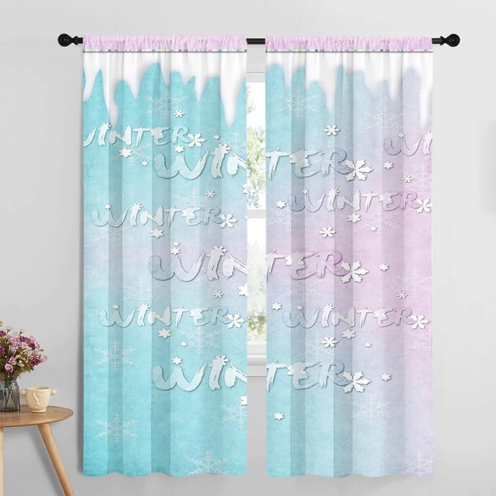 2PCS Digital Print Curtains, Winter Text Snowflake Blue Pattern, Minimalist Seasonal Style for Winter Holiday Home Decor