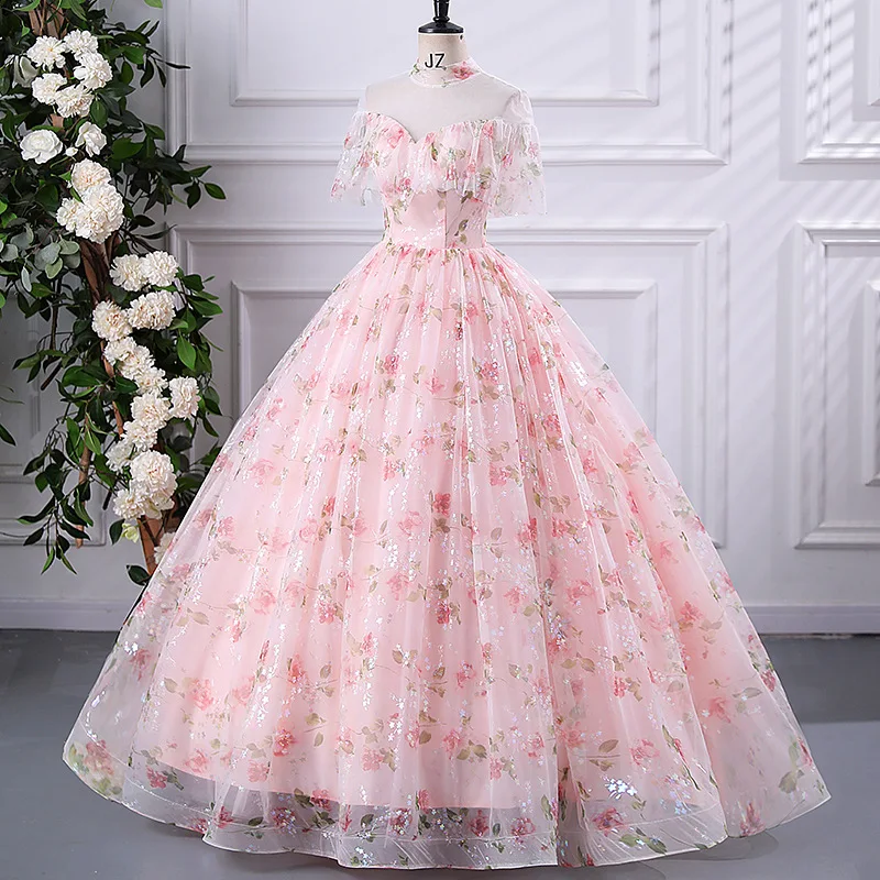 DSP Elegant A Line High Neck Floral Quinceanera Dresses for 15 Years Old Girl Princess Dress Birthday Party Dresses Prom Gown