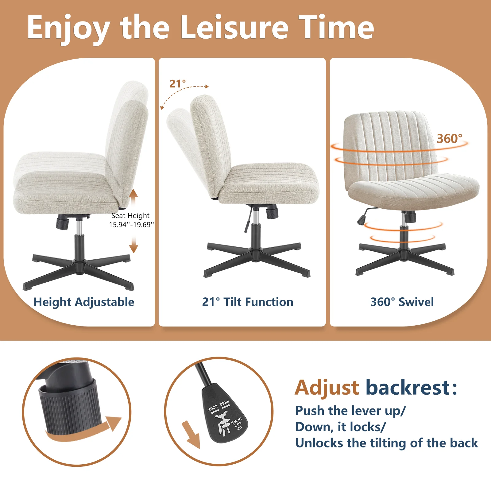 JHK Cross Legged Office Living Room Rocking Gaming Chair Armless Wide Desk Adjustable Swivel Fabric
