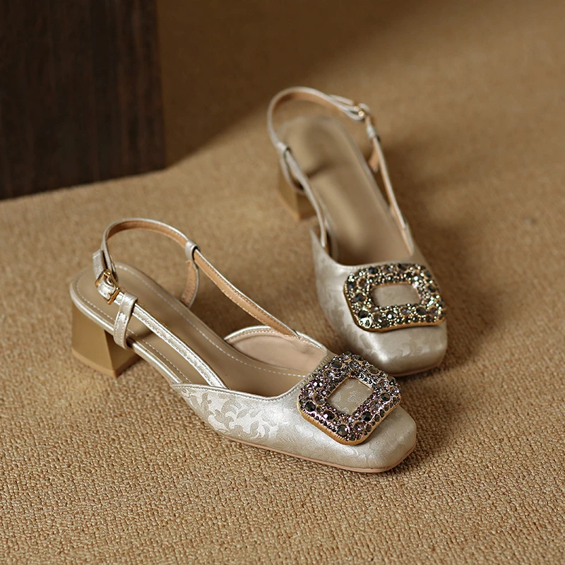 

Элегантные женские босоножки на каблуке 202, туфли на массивном каблуке с кристаллами и квадратным носком, модные летние новые тапочки, модельные туфли для вечеринок Женская обувь