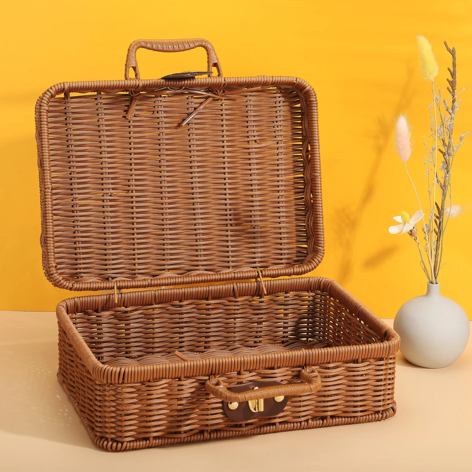 Scatola portaoggetti in Rattan cestino valigia in legno per Picnic fuori festa viaggio soggiorno vestiti giocattolo cestini di alghe intrecciate in