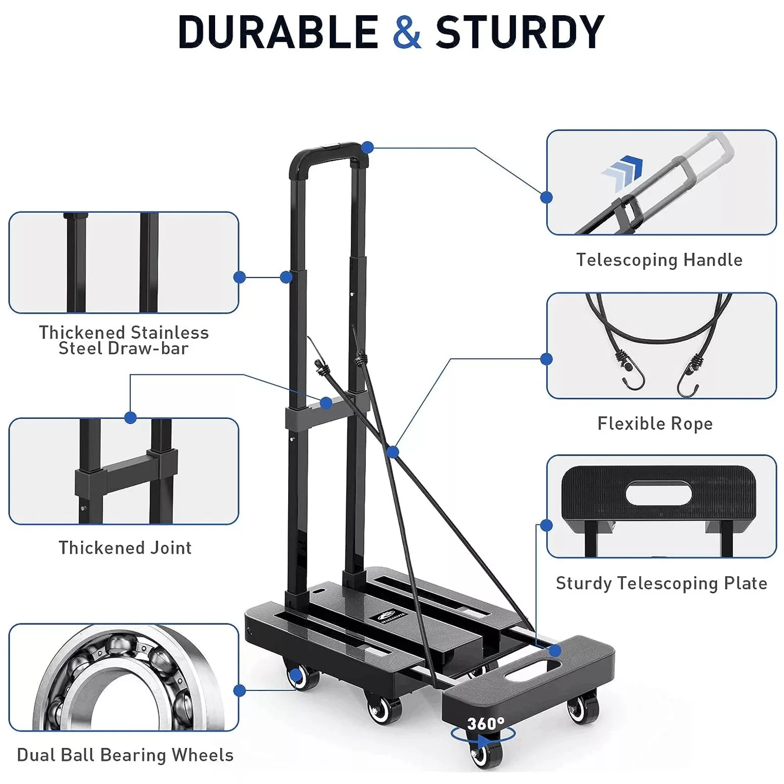 Folding Hand Truck Dolly Cart with Wheels Luggage Cart Trolley Moving 500 lbs US