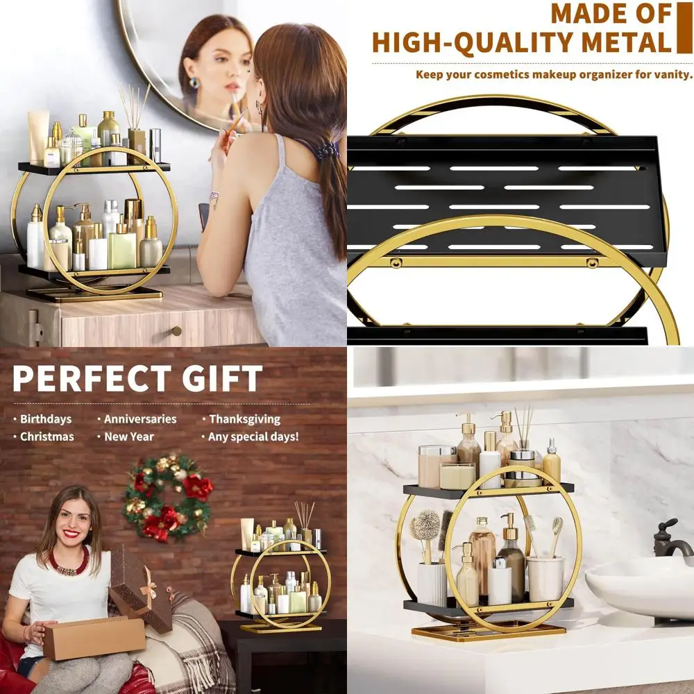 

Elegant Vanity Makeup Organizer with Black and Gold Perfume Holder, Dual-Tier Countertop Storage for Bathroom, Skincare and Cosm
