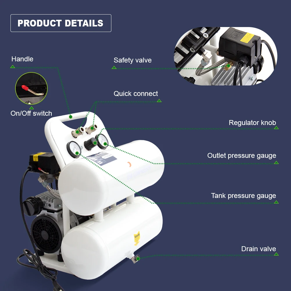 Quiet Portable Air Compressor,Oil Free Pump,5 Gallon Tank,115 PSI MAX Pressure,65 dB,1 PH Motor,110V