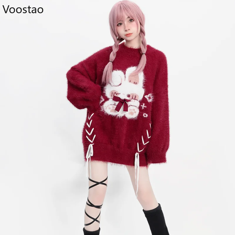 Red Kawaii Lolita Knitted Sweater Women Sweet Cartoon Bunny Christmas Pullover Autumn Winter Female Vintage Warm Jumpers Tops