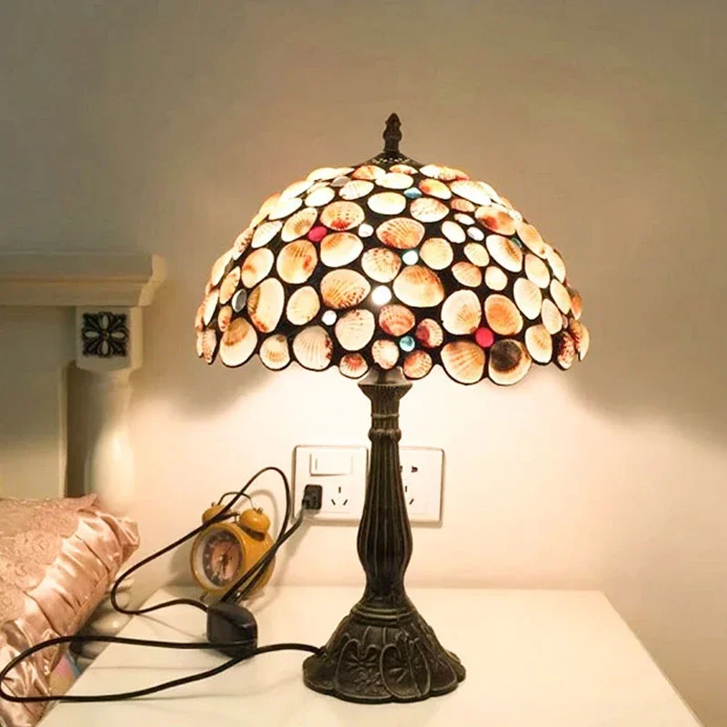 

Mediterranean Tiffany Shell Table Lamps for Living Room Bedside Stain Glass Desk Lamp Vintage Led Stand Light Fixtures Art Deco