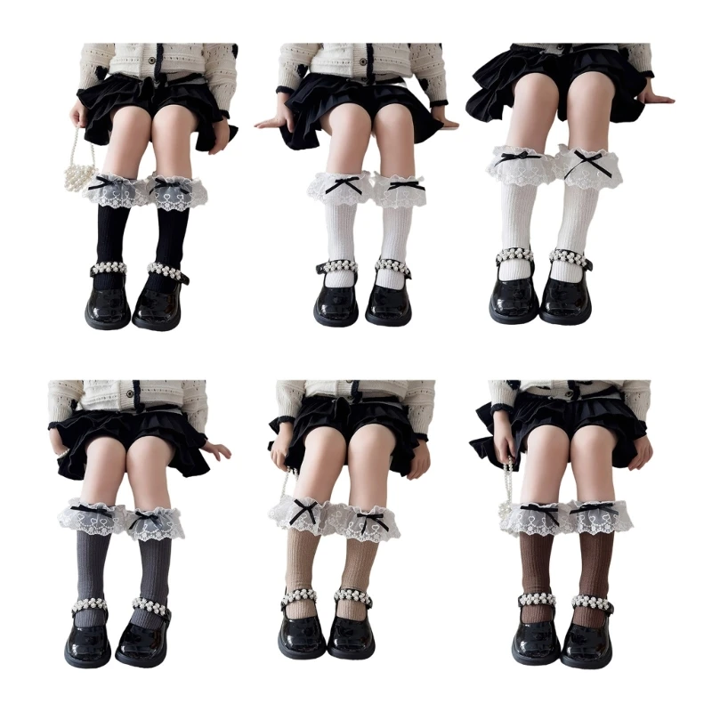 1 Pair Lace Bowknot Middle Calf Socks Fashionable and Comfortable In Tube Socks Length for 3-10T Girls Daily