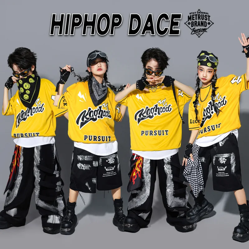 boys girls K-pop Streetwear Clothes Set Dopamine Yellow T Shirts Vest Casual Cargo Pants Children Hip Hop Jazz Dance Outfits