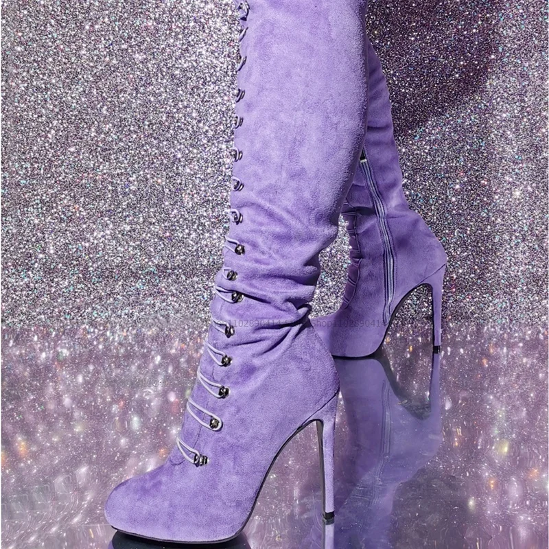 

Purple Cross Tied Round Toe Flock Platform Boots Over The Knee Side Zipper Women Shoes Thin High Heels 2023 Zapatos Para Mujere