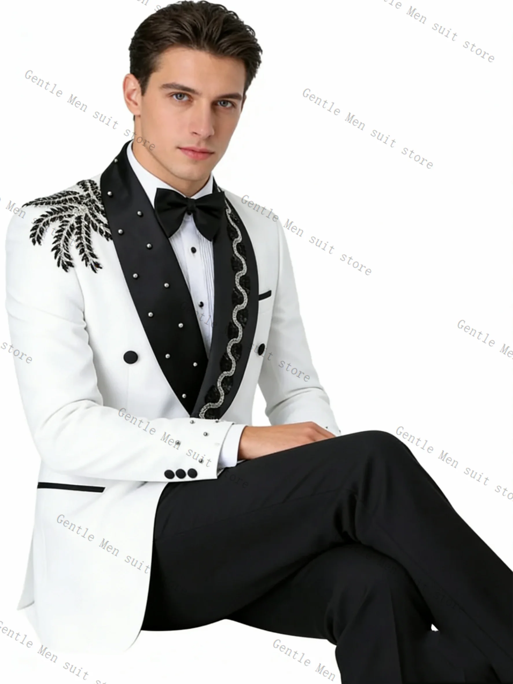 

White Black Crystals Men Suit Set 2 Pcs Blazer+Pants Trousers Wedding Tuxedo Formal Office Business Jacket Coat Customized