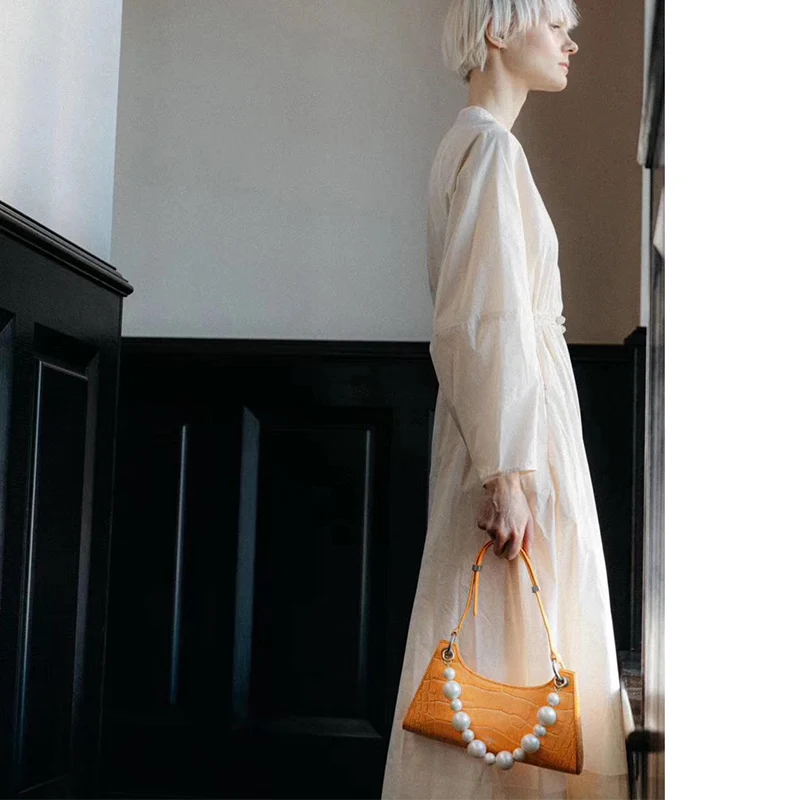 

Retro Crocodile Pattern Design Lychee Purple Underarm Bag Women's 202 Spring Summer New All-Match Pearl Handbag Trend