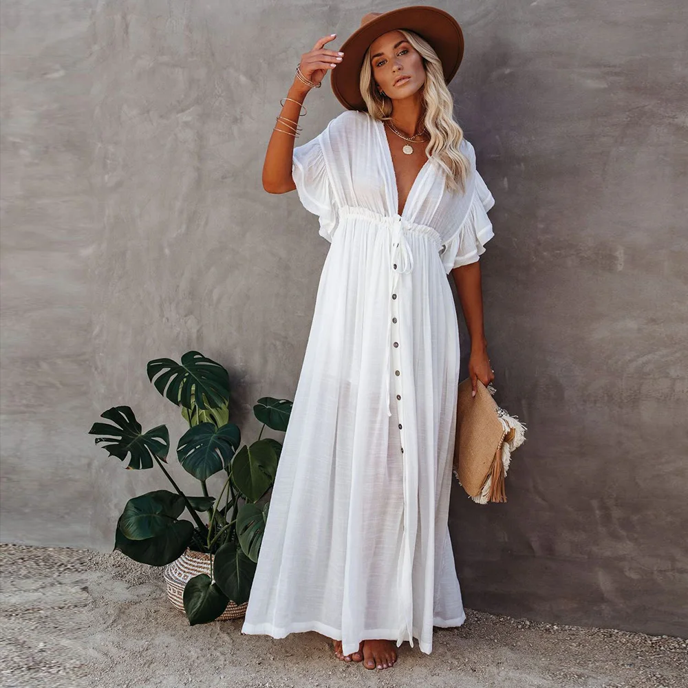 Women's Beach Dress Cover Drawstring Button Elegant Sexy Deep V Long Dress Summer Beach Vacation Sunscreen Swim Suit Cover Up