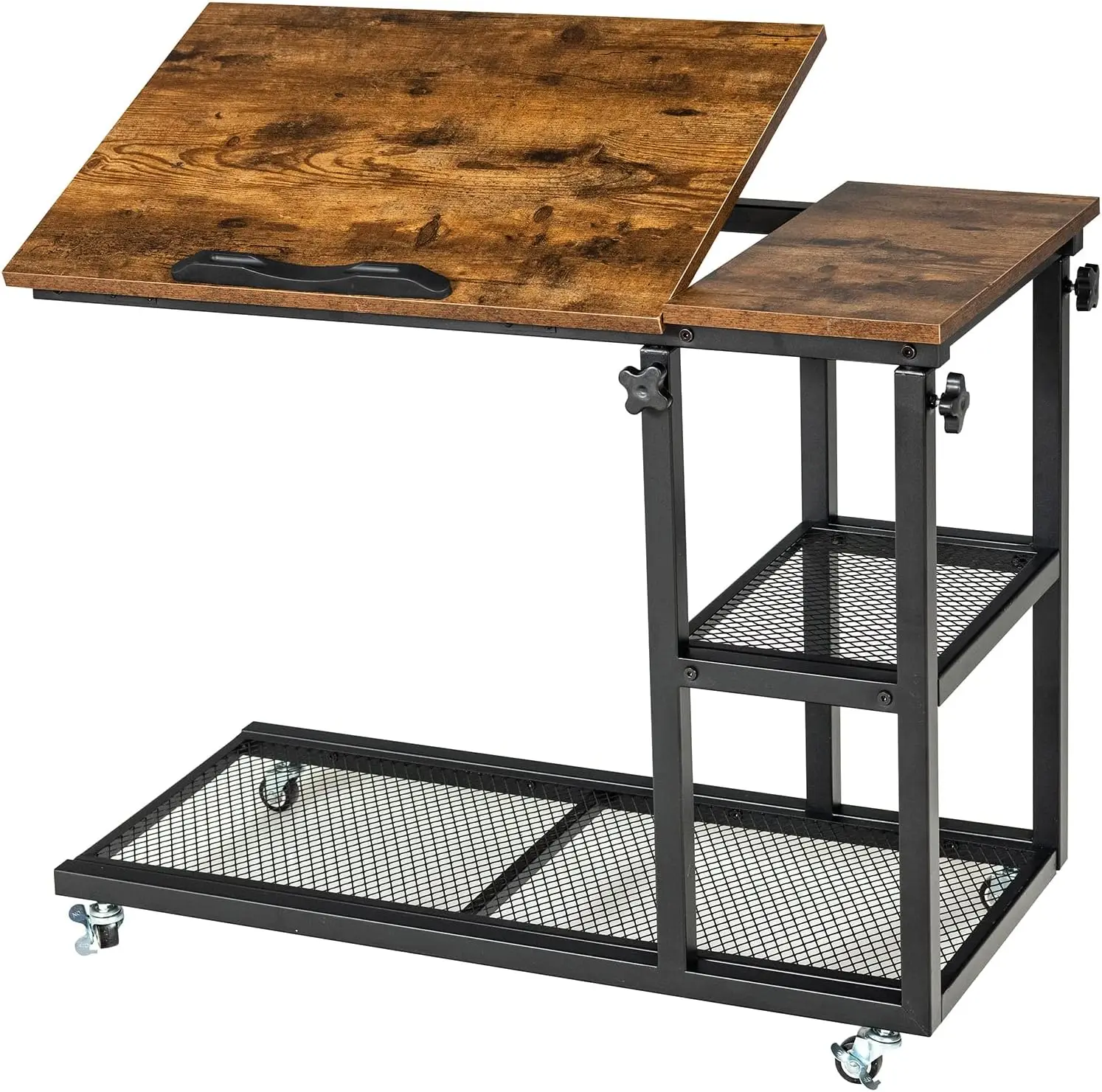 

C-Shaped Height-Adjustable End Table with Lockable Wheels, Tiltable Tabletop & Storage Shelves