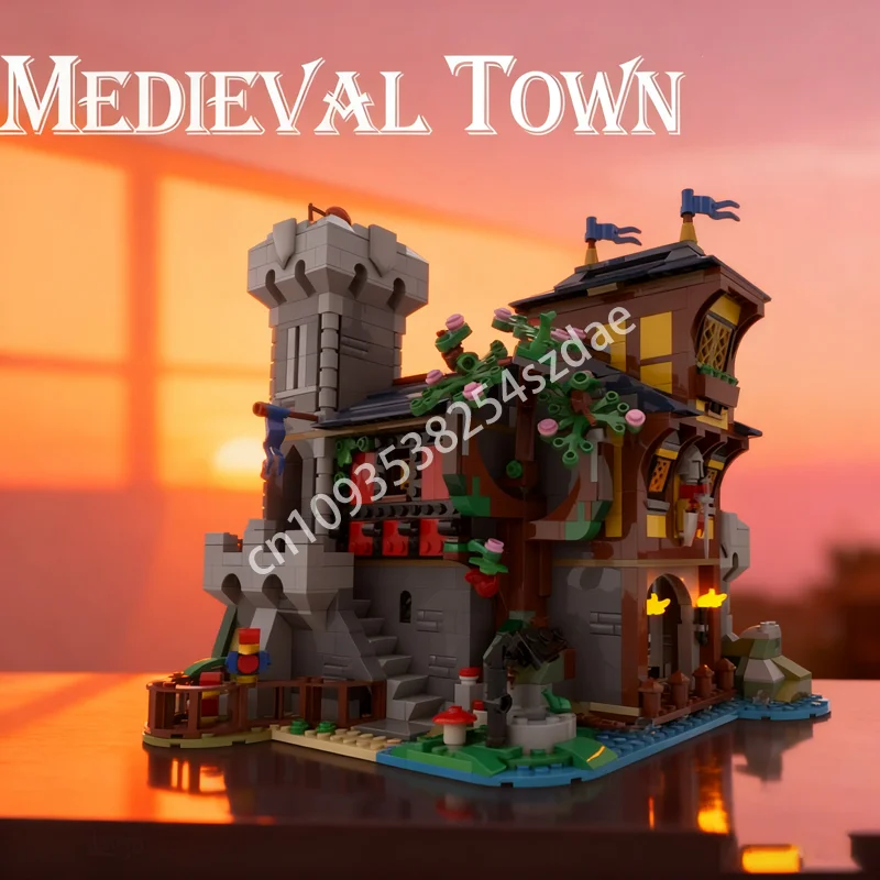 

1360pcs MOC Medieval Town Tavern Castle Black Model Building Blocks Christmas Gift Construction DIY Creative Brick Toys Kids