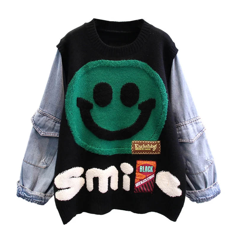 Denim Spliced Knitted Sweater Women O-Neck Long Sleeve Fashion Cartoon Knit Pullovers Female Autumn Winter Warm Loose Sweaters
