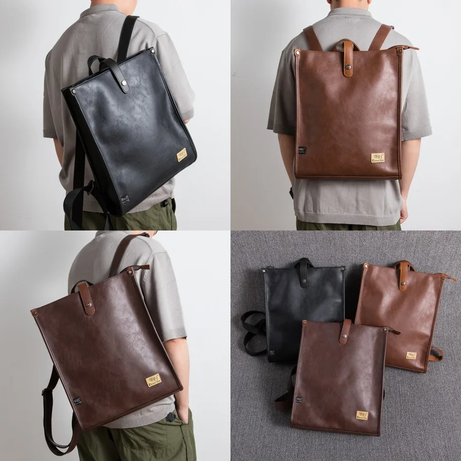 

【New style】New Japanese men's backpack PU leather large-capacity retro square college student schoolbag youth computer backpack