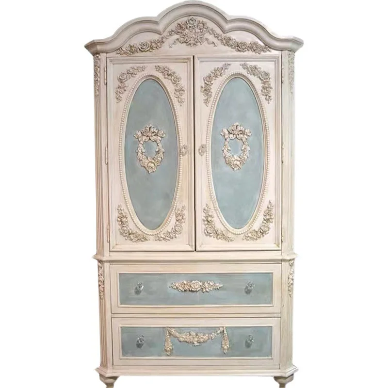 

American retro wardrobe oak solid wood hand-carved multi-functional French old bedroom large wardrobe whole house
