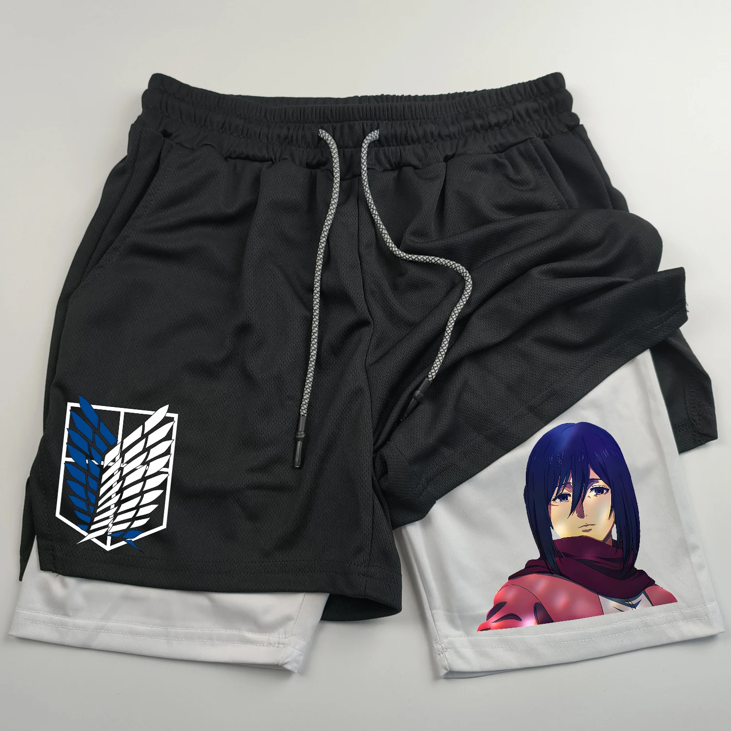 2-in-1 sports shorts anime Attack on Titan men\'s shorts quick drying breathable sports fitness shorts outdoor running gym short