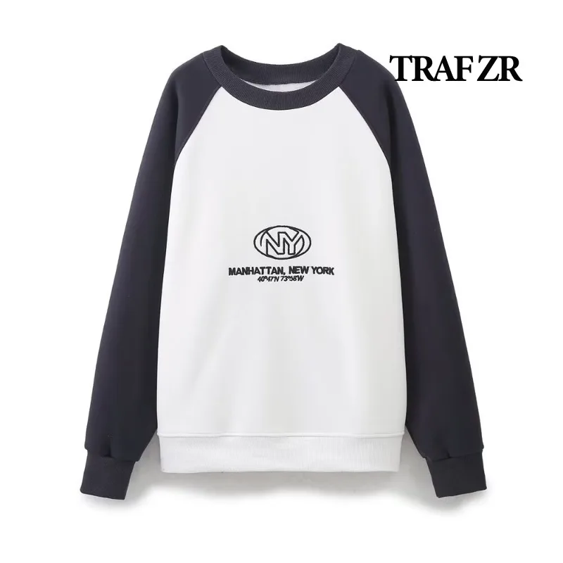 TRAF ZR O-neck Sweatshirts O-Neck Letter Embroidery Sweatshirts Fall T-shirts Patchwork Casual T-shirt Long Sleeve T-shirts