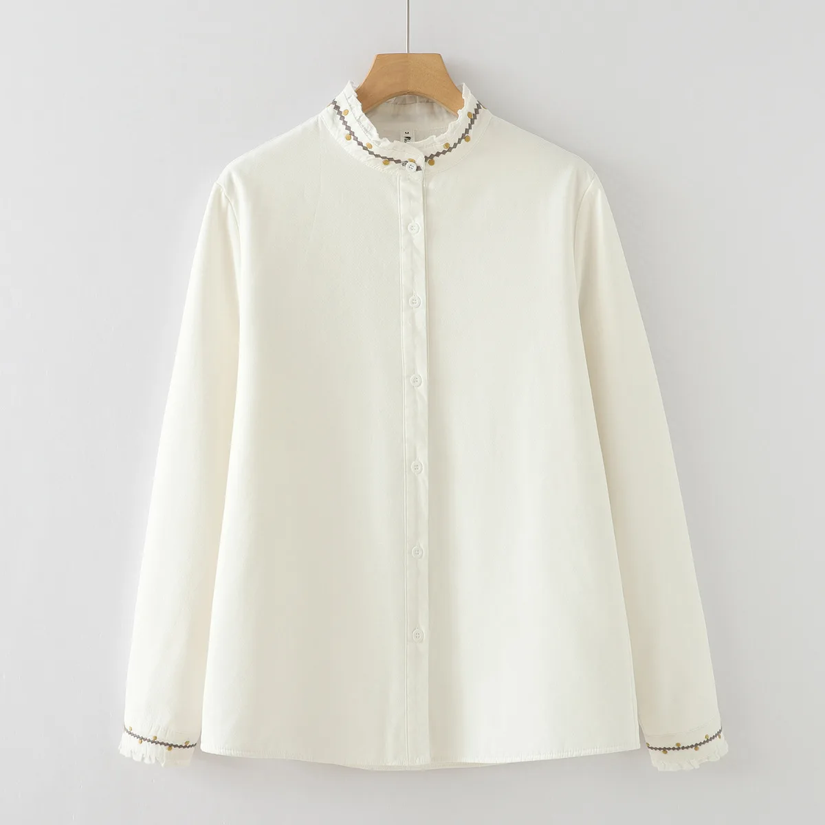 Nieuw herfst katoenen fleeceshirt met lange mouwen, dames opstaande ruches borduurwerk, Mori Girl warme losse blouse voor woon-werkverkeer T5O0114CC