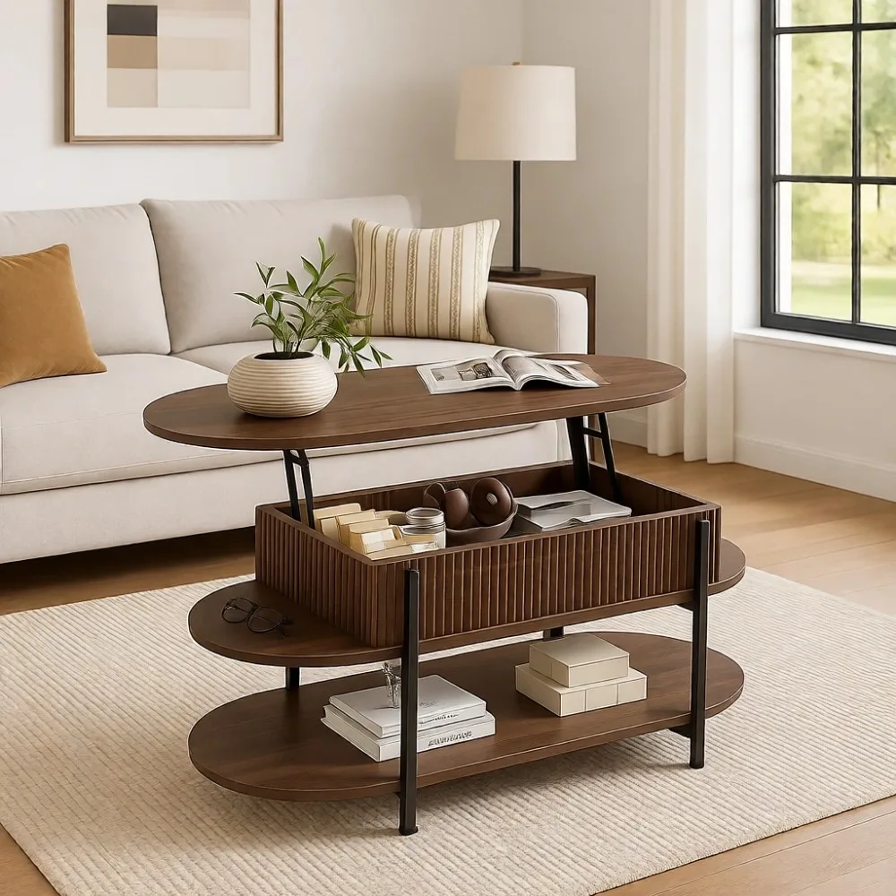 Fluted Oval Lift Top Coffee Table with Hidden Storage - Walnut, Multi-Tier Design for Modern Living and Reception Rooms