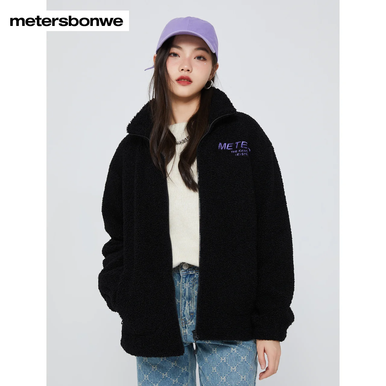 Metersbonwe-Women's Imitation Lamb Wool Stand Collar Knit Jacket Chest Color Contrast Embroidery Loose Elastic Hem Casual Top