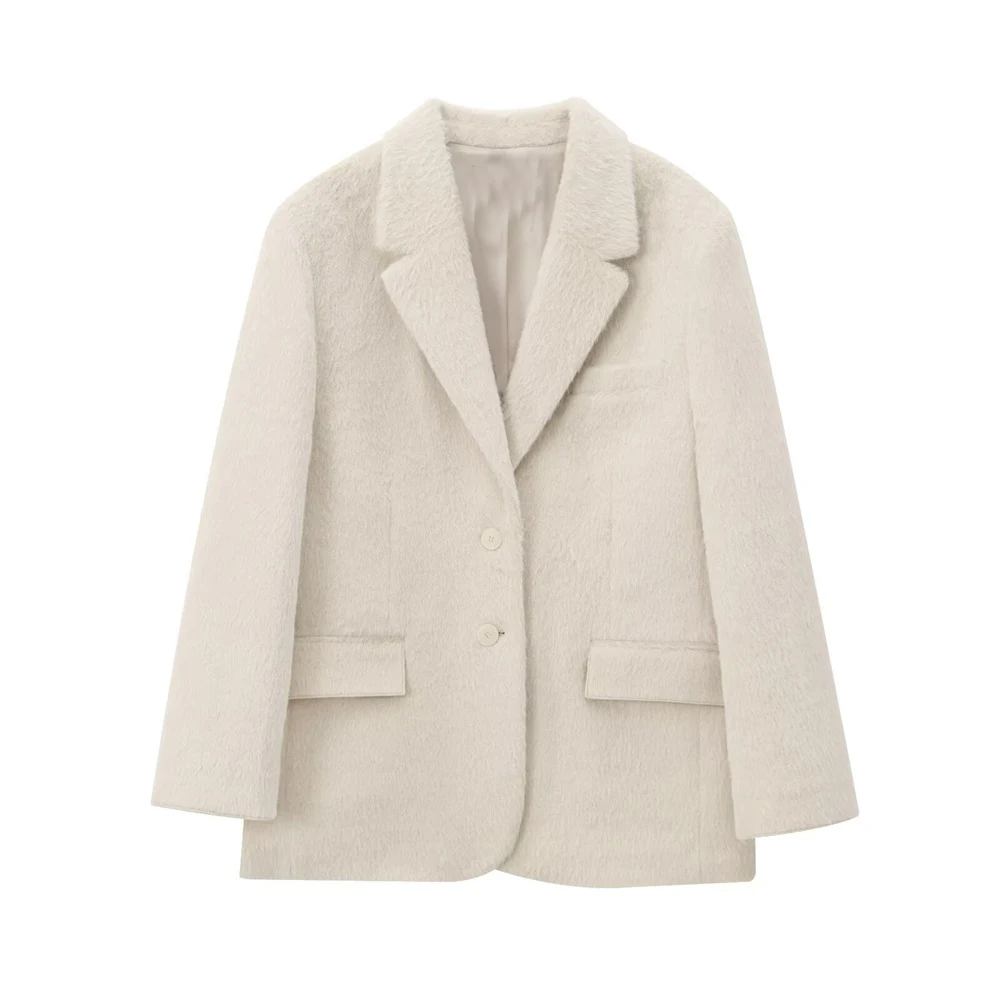 Dames effen kleur pluche textuur revers casual pak met lange mouwen herfst en winter nieuw slim fit jack