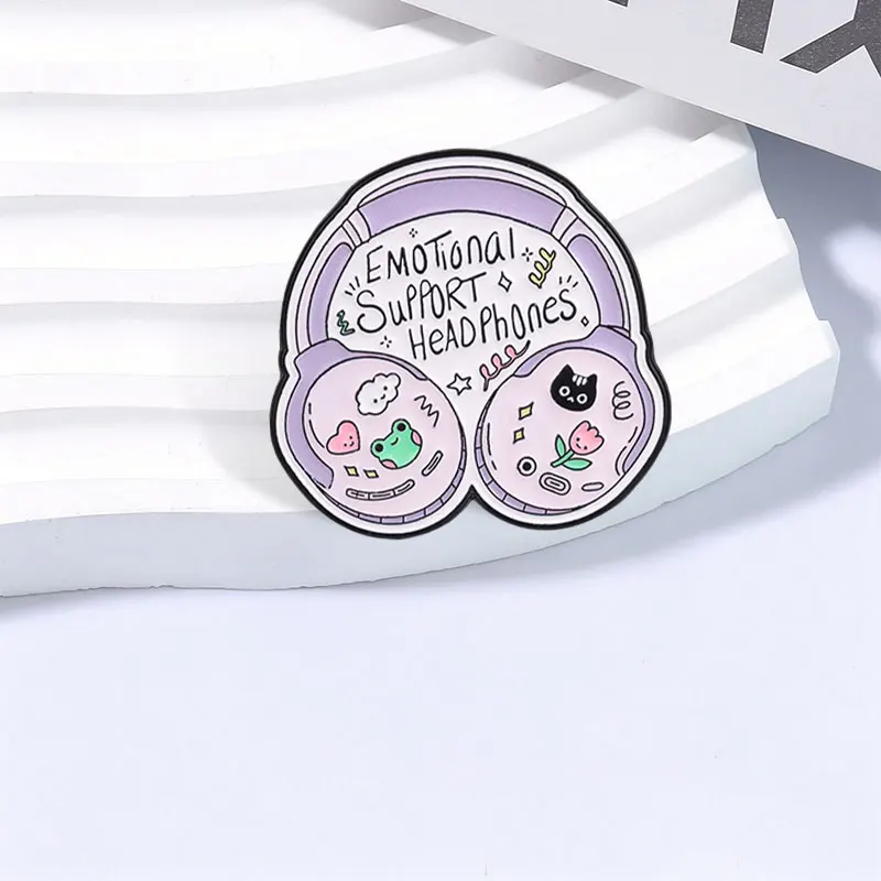Emotional Support Headphones Enamel Pins Cute Healing Frog Cat Tulips Headphone Brooches Decor Backpack Lapel Badge Jewelry Gift