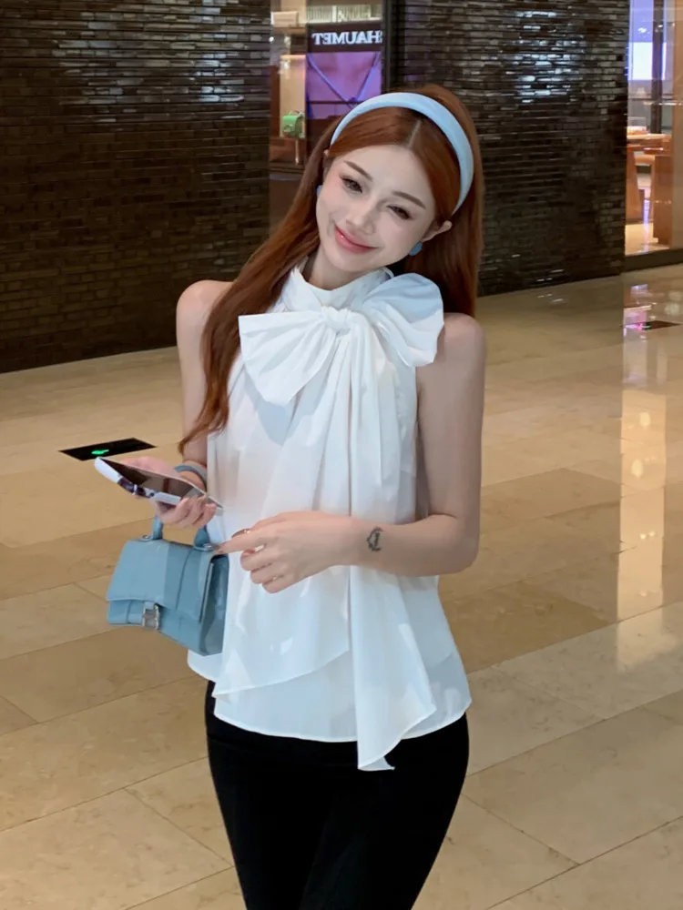 French Sleeveless Bow Tie Shirts & Blouses 2024 Summer Korean Sweet Gentle Blusas Fashion Casual Loose Shirt For Women Top